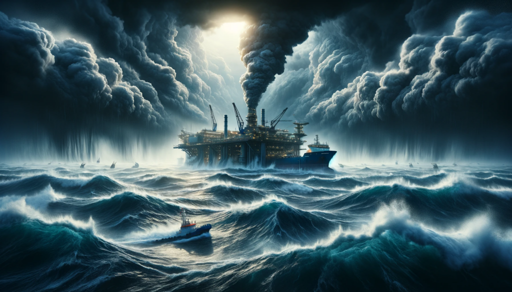 A dramatic scene of a large oil exploration vessel in a stormy ocean, with towering waves and a dark sky, illustrating the dangers of petroleum exploration.