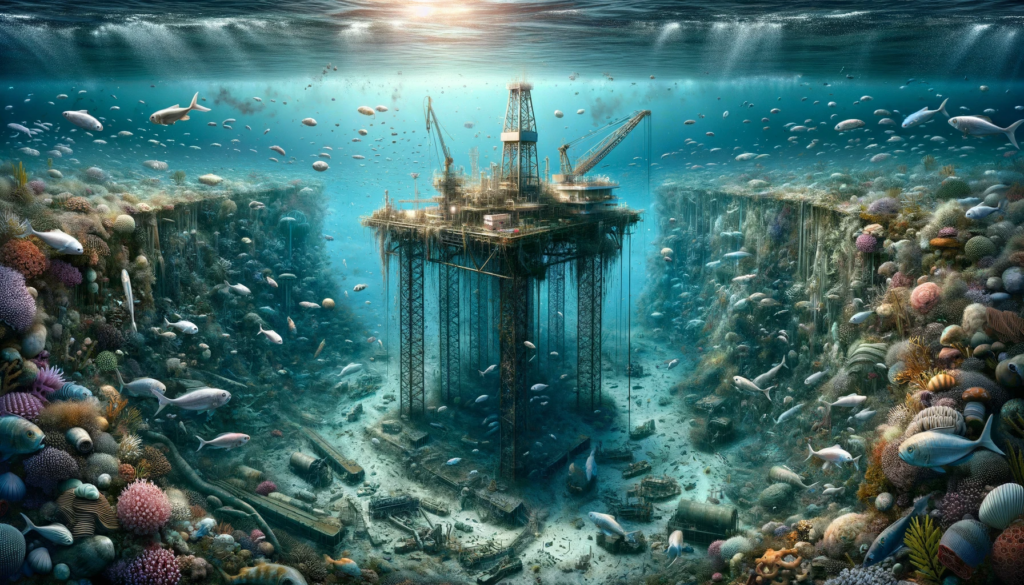 An underwater scene showing a deep-sea oil drilling rig with disturbed marine life and murky water with oil droplets, highlighting the environmental impact of petroleum extraction.