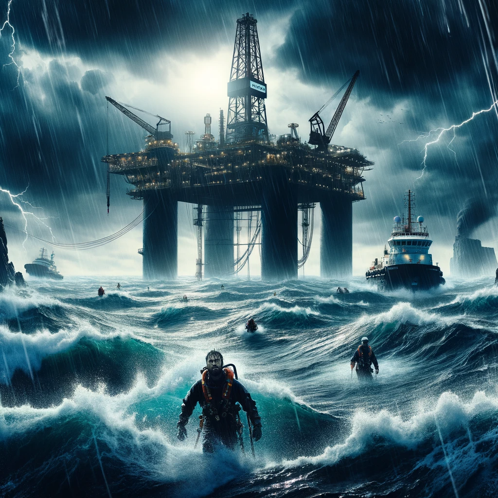 An offshore oil rig in a stormy sea, with turbulent black waves and dark, stormy clouds. Lightning flashes in the background, and oil workers in protective gear are visible, working amidst the challenging conditions.