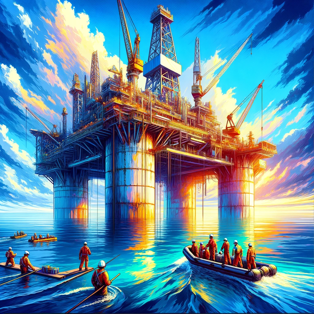 An offshore oil rig stands in the ocean under a clear blue sky. Workers in safety gear are busy with various tasks, showcasing the complexities of oil rig operations. The calm sea reflects the rig's structure, with a supply boat visible in the distance.