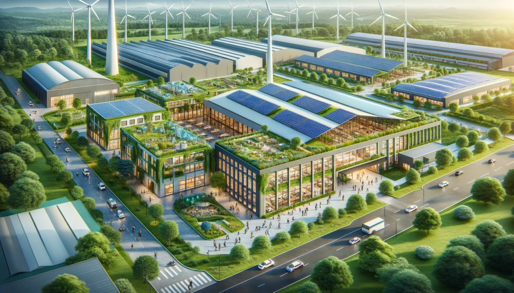 Modern industrial complex with solar panels, wind turbines, and green spaces by AK Industries.