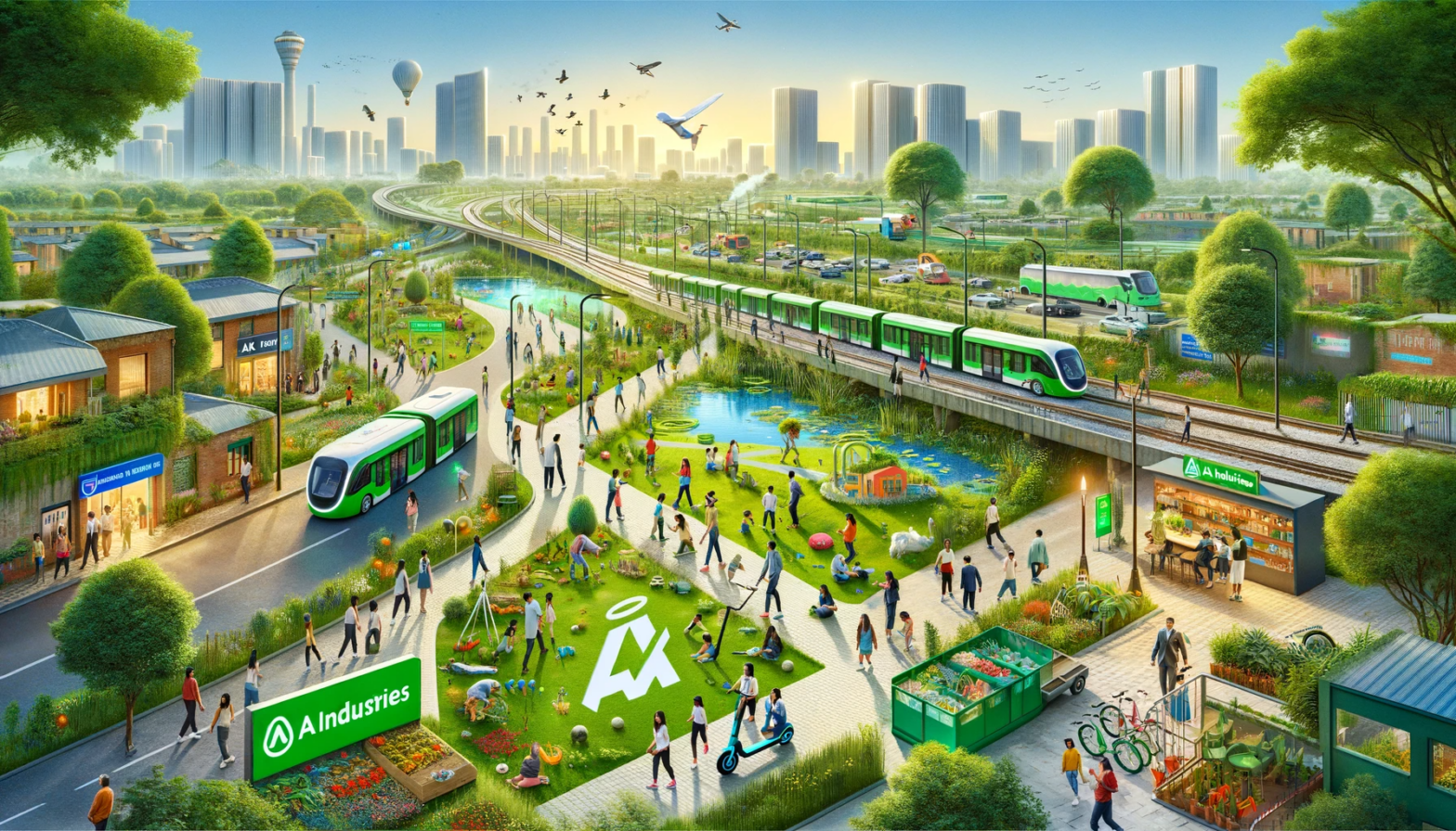 Urban landscape with green parks, electric transportation, and recycling centers by AK Industries.