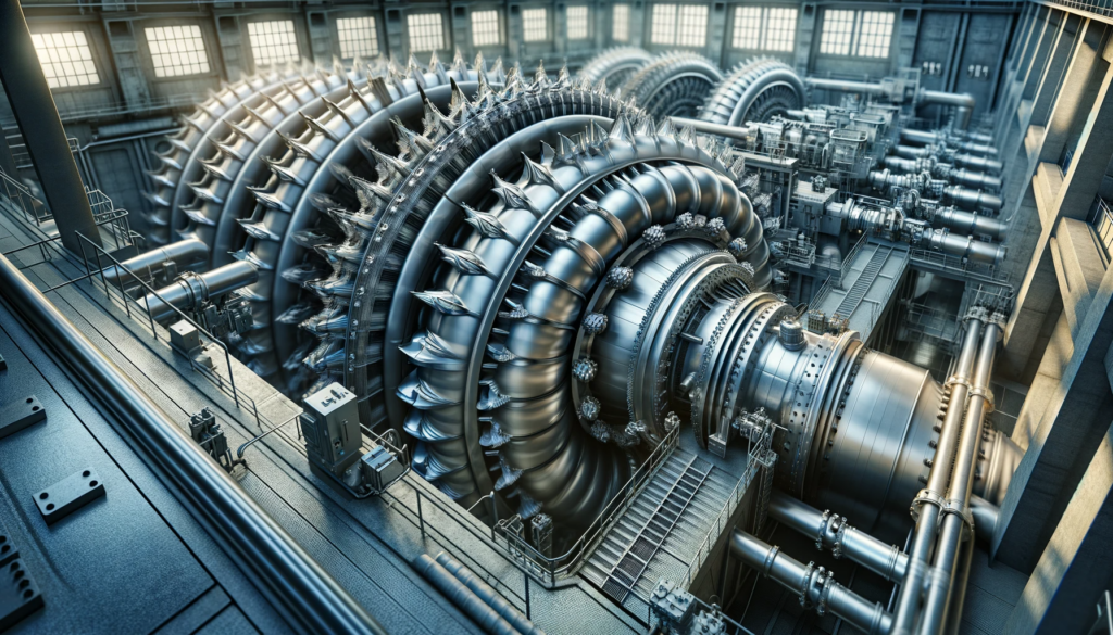 Industrial hydroelectric turbines and generators in a hydropower plant, featuring large metallic turbines with intricate blades, adjoining generators, and visible pipes and conduits for water flow.