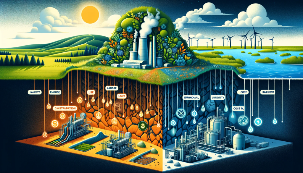 A split image contrasting the benefits and challenges of geothermal energy: on the left, a vibrant landscape over a geothermal plant symbolizes sustainability; on the right, a plant amidst land disruption and complex machinery depicts technical and financial challenges.