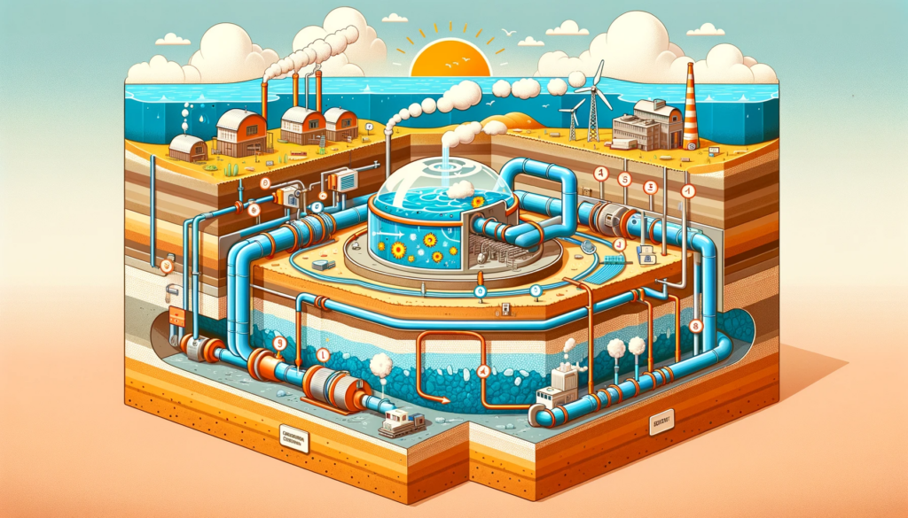 Educational diagram of a geothermal power plant, showing underground hot water reservoirs, steam pipes, a turbine, a generator, and the re-injection of cooled water back into the earth.