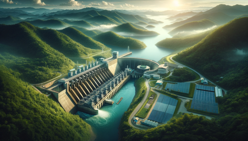 Modern hydropower facility in a green valley with a river, turbines, dam, and solar panels under the morning sun.