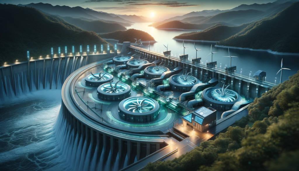 Futuristic hydropower dam with modern turbines and green technology at twilight.