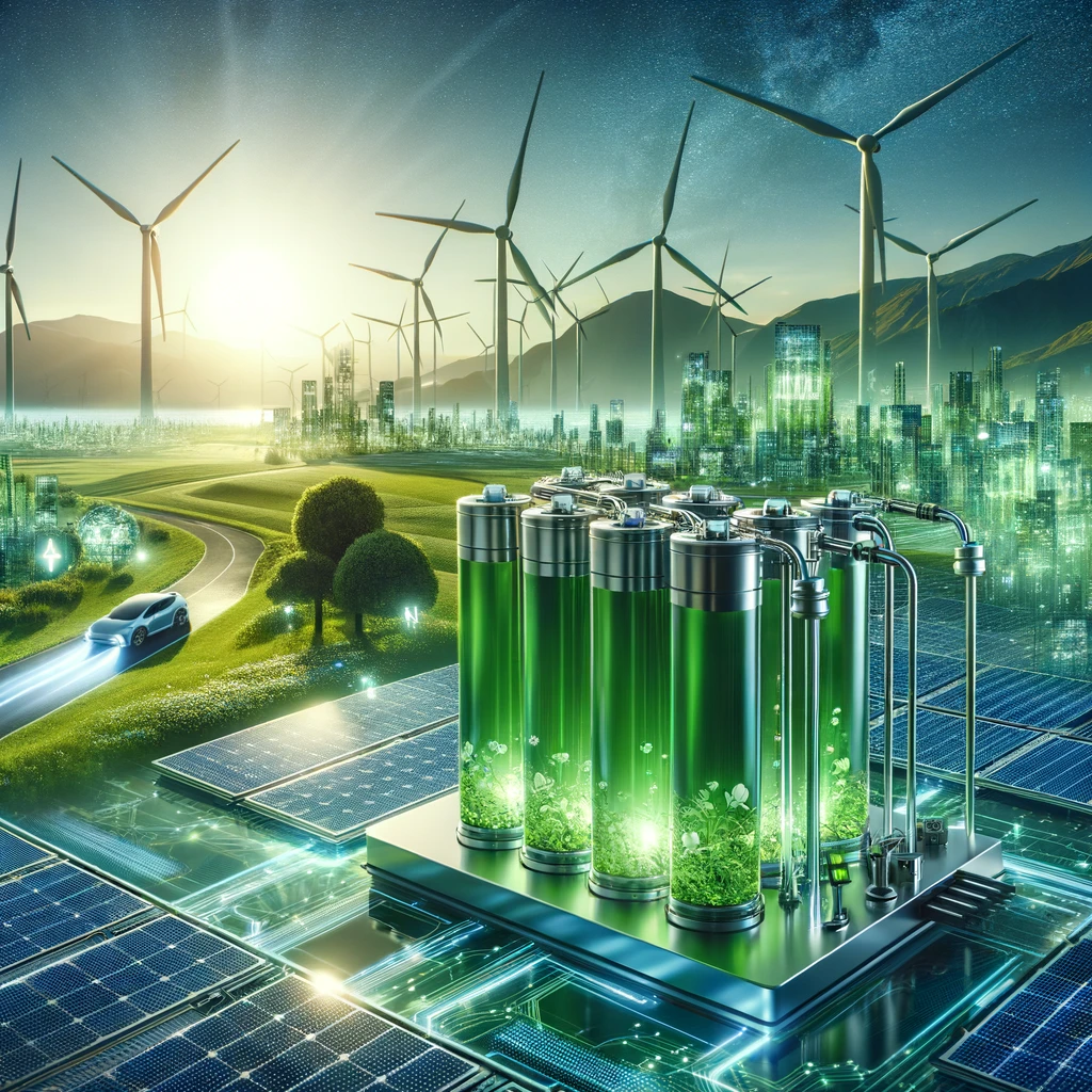 "Futuristic landscape with wind turbines and solar panels producing green hydrogen."