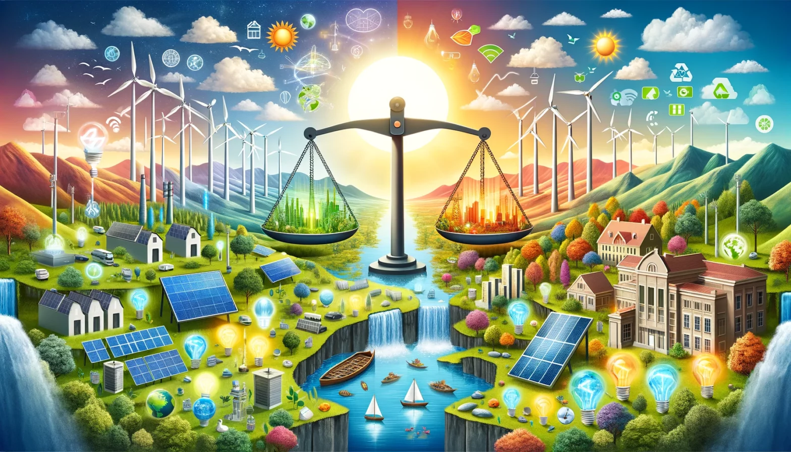 An illustration showing the comparison between renewable and sustainable energy, featuring icons of solar panels, wind turbines, and energy-efficient buildings.