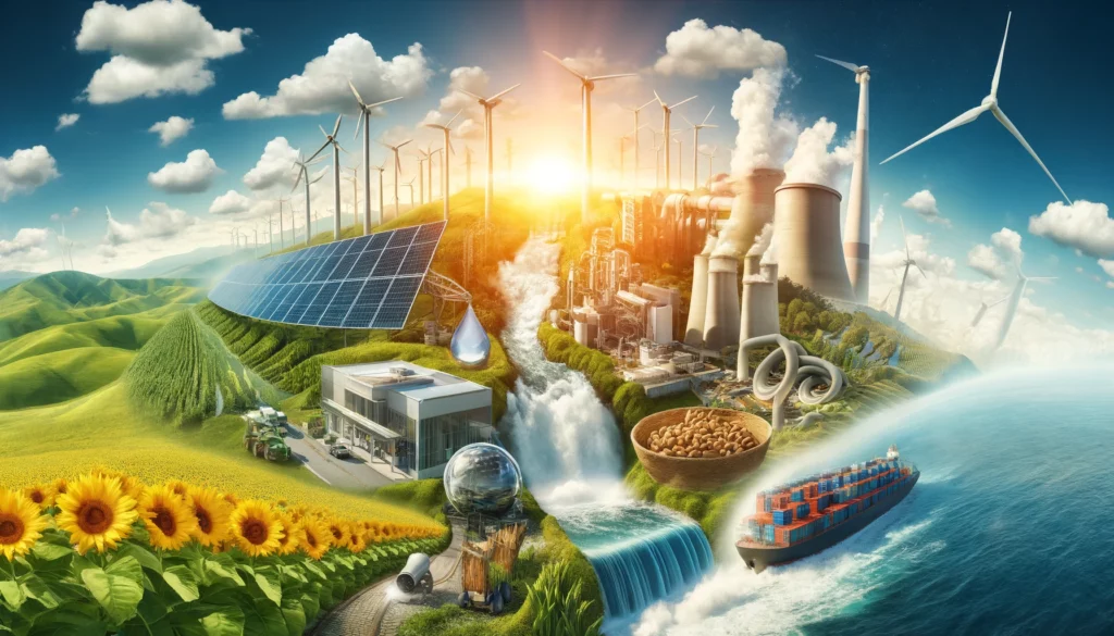 A vibrant collage showcasing ten sustainable energy sources: solar panels, wind turbines, a hydroelectric dam, a geothermal plant, a biomass facility, biofuel crops, ocean energy, a hydrogen fuel cell, a concentrated solar power plant, and a nuclear power plant.
