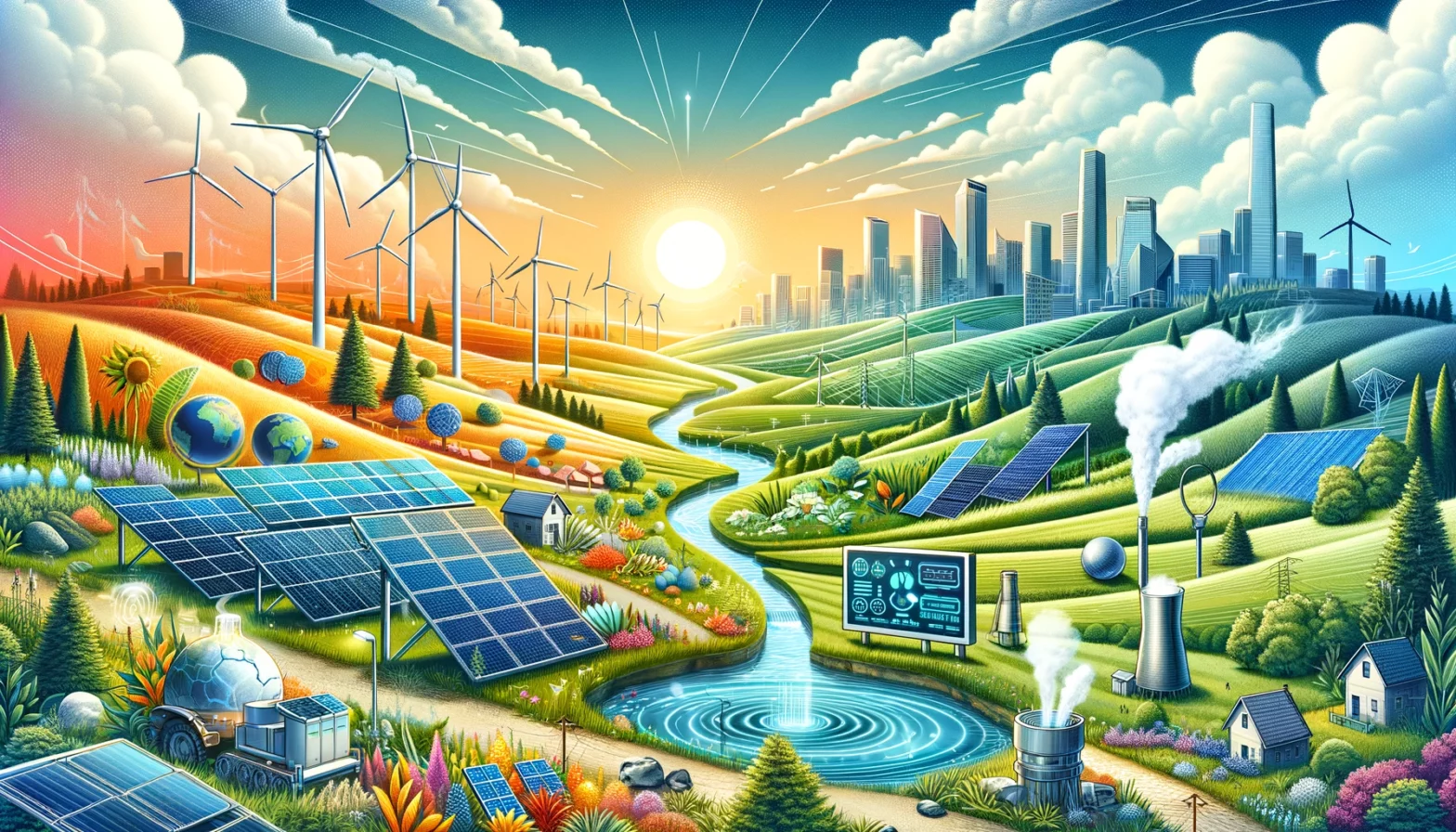 Illustration of sustainable energy solutions including solar panels, wind turbines, a geothermal plant, and a smart grid against a city skyline.