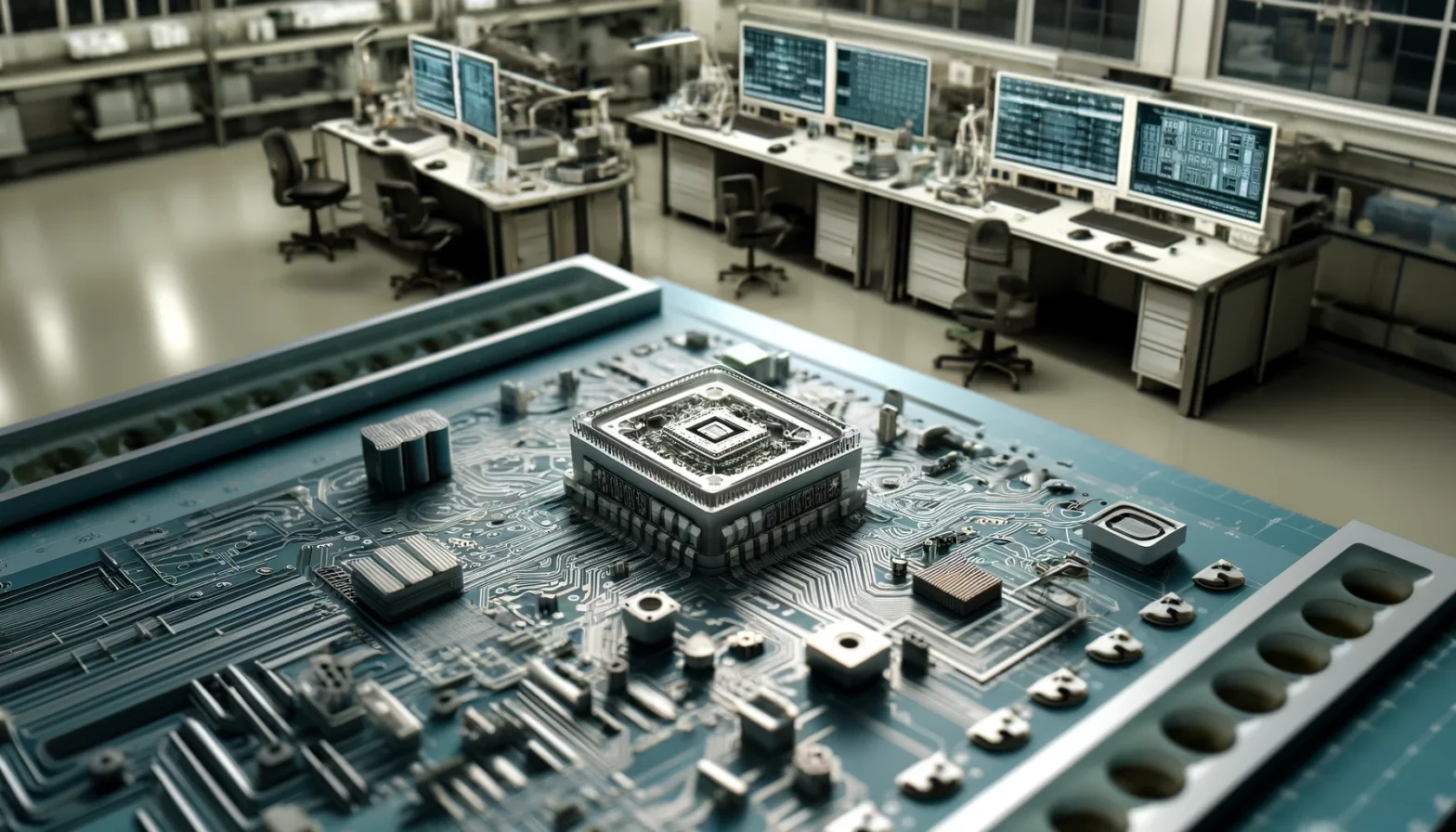 Detailed image of an advanced Integrated Printed Circuit Board (IPCB) in a state-of-the-art electronics lab.