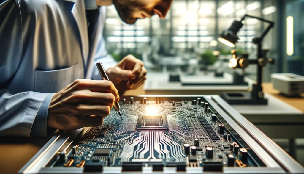 Close-up of a technician inspecting an Integrated Printed Circuit Board (IPCB) in a modern lab.
