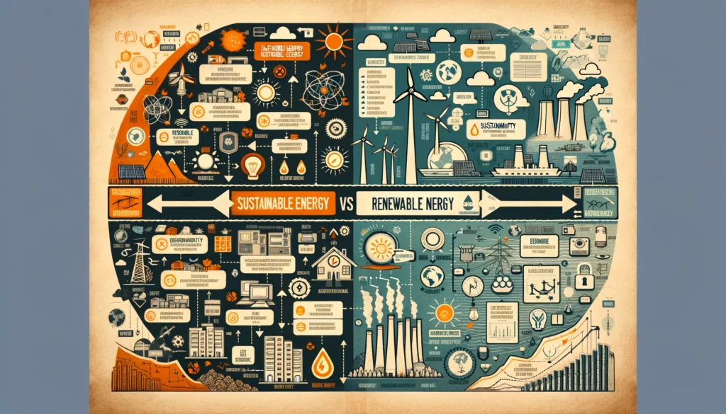 Diagram comparing sustainable and renewable energy sources, with icons for solar panels, wind turbines, hydroelectric dam, a nuclear power plant, and an energy-efficient building.