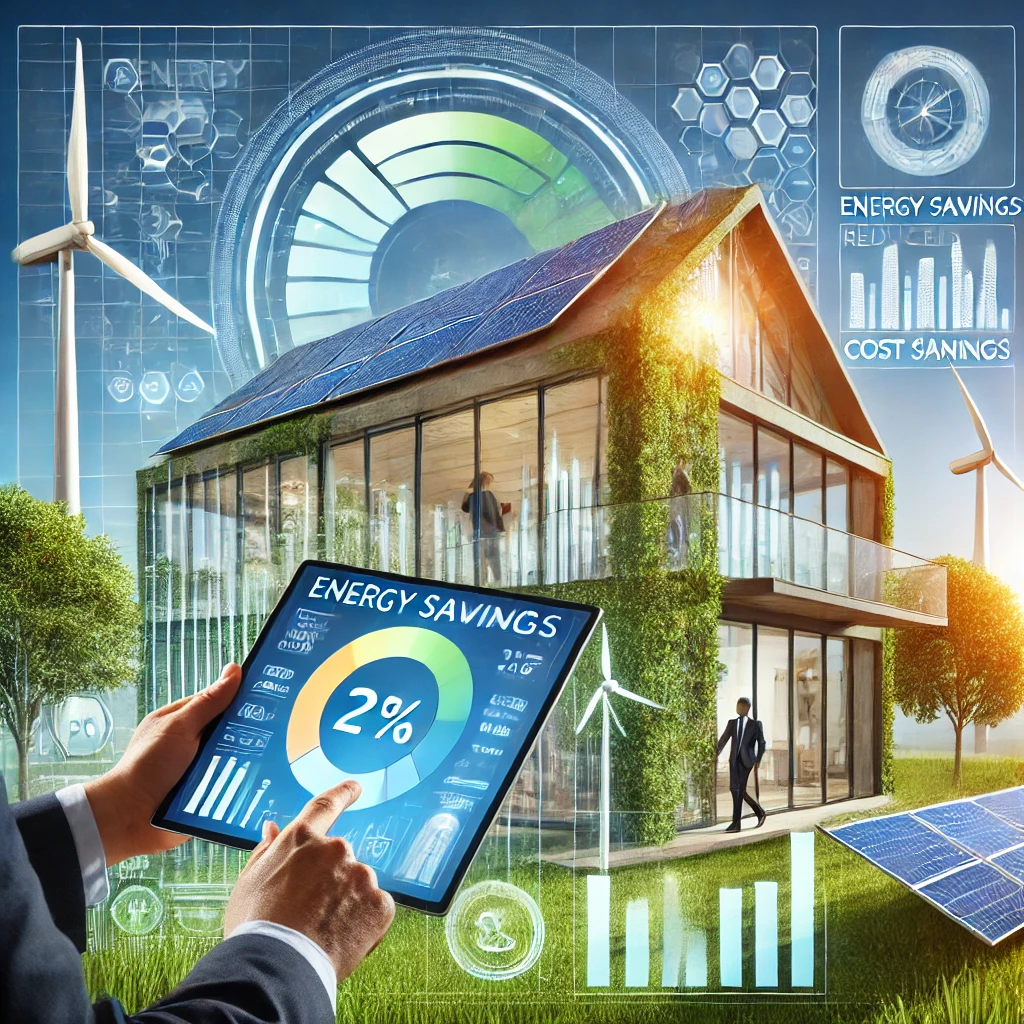 An illustration showcasing the benefits of energy auditing in sustainable energy practices, featuring a modern building with solar panels, wind turbines, and energy-efficient windows. A professional energy auditor analyzes data on a tablet, with visual graphs depicting energy savings, reduced carbon footprint, and cost savings. The background includes green trees and a blue sky, symbolizing environmental sustainability.