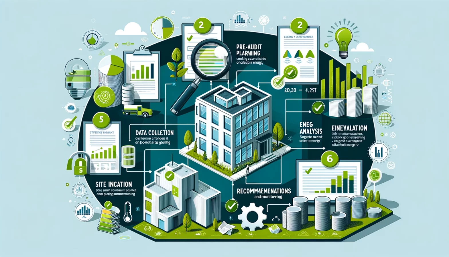 A detailed infographic depicting the key steps in conducting an energy audit for sustainable energy, including pre-audit planning, data collection, energy analysis, site inspection, recommendations, and implementation and monitoring, with icons and green and blue accents.