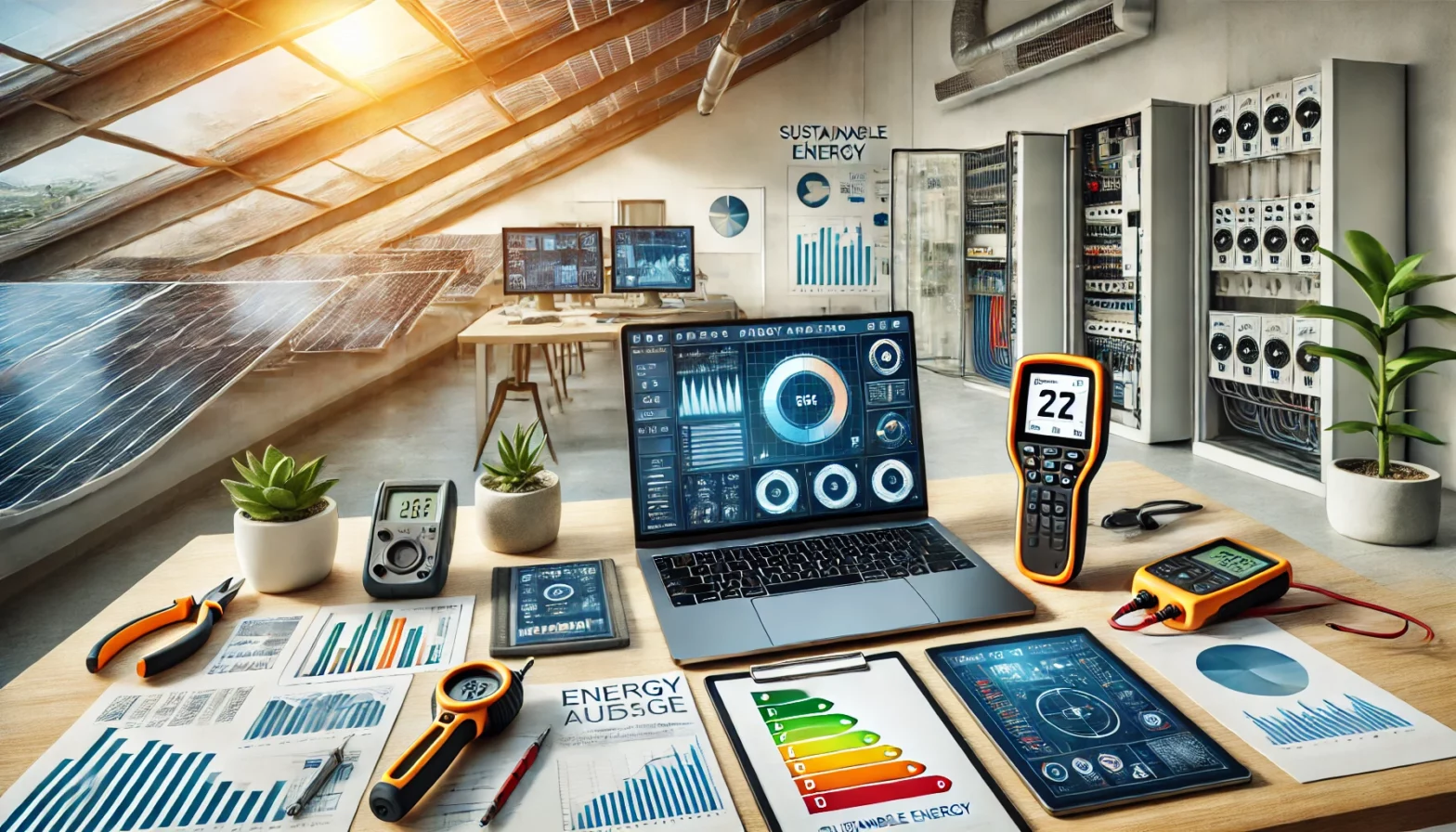 "An array of tools and software used for effective energy auditing in sustainable energy, including a laptop displaying energy auditing software, a tablet with energy usage analytics, a thermal camera, a digital multimeter, an energy meter, and various documents and charts, all set in a modern workspace with solar panels visible through a window."