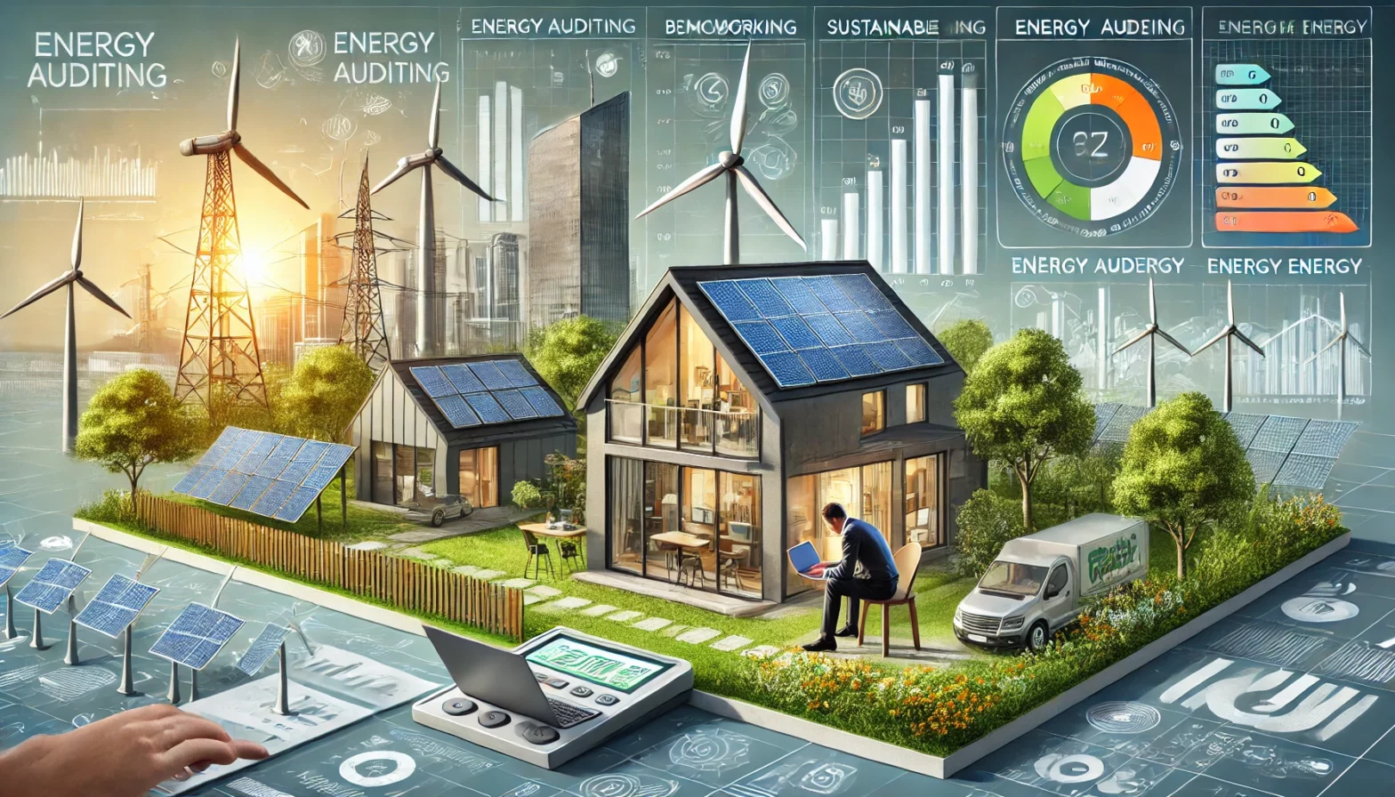 An illustration depicting the importance of benchmarking in energy auditing for sustainable energy, featuring a modern building with solar panels, wind turbines, a smart energy meter, and charts showing energy usage and efficiency. A professional auditor is analyzing data on a laptop in a green, eco-friendly environment.