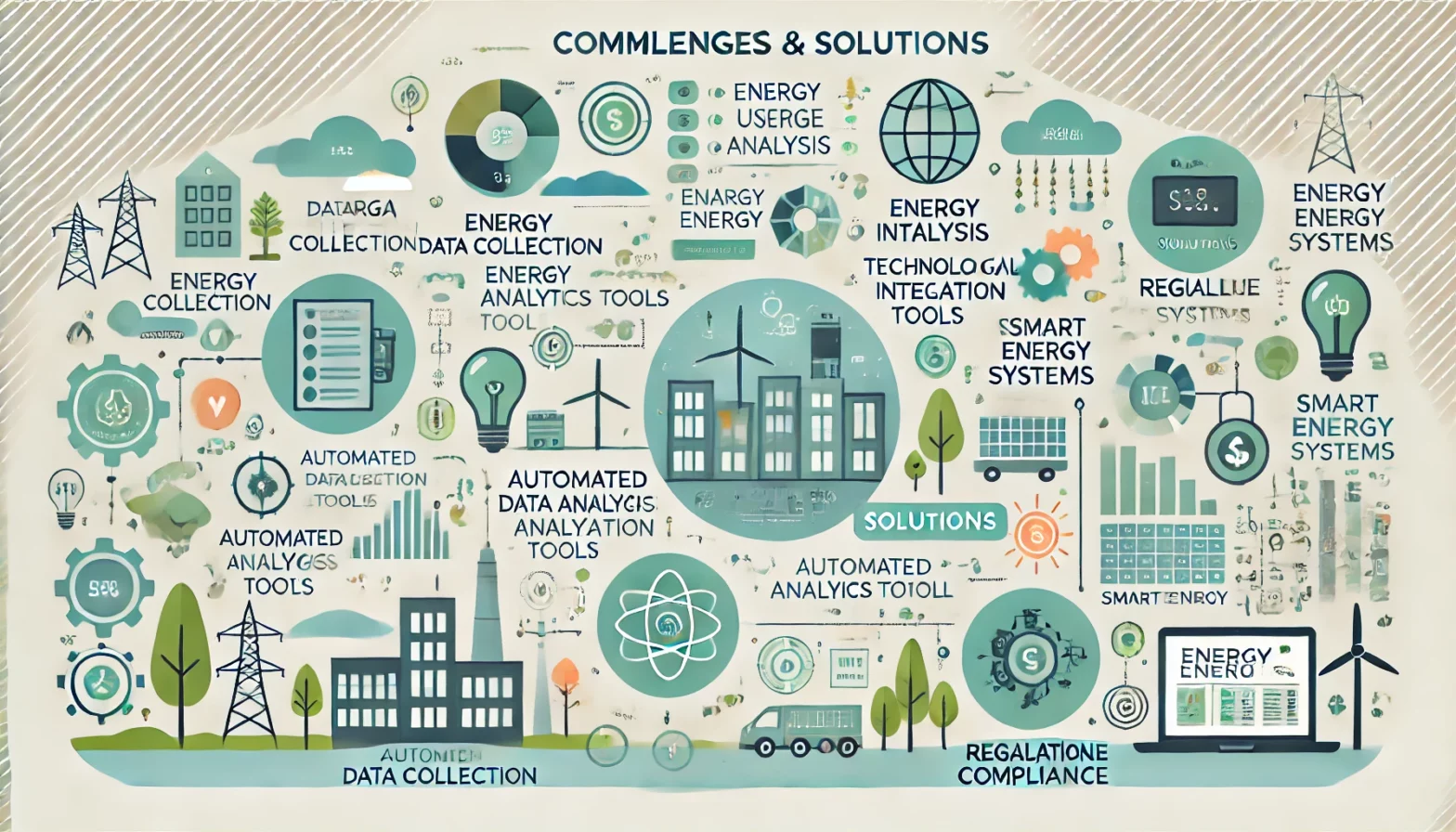 Infographic illustrating common challenges and solutions in energy auditing for sustainable energy, featuring icons and text with a clean design and light background.